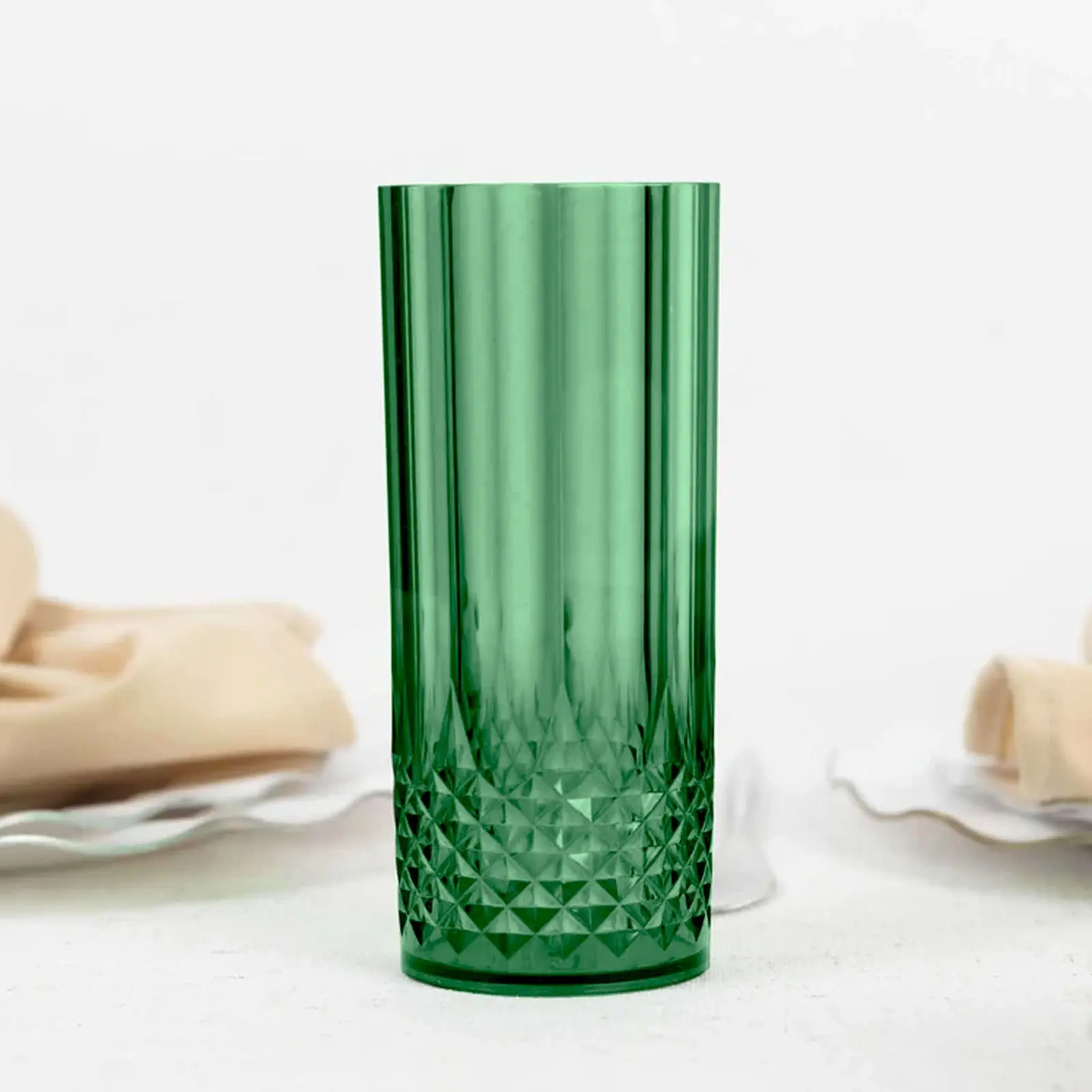 6-Glass Set Solid Acrylic Highball Glasses, 14oz Transparent Hand Wash Shatterproof Crystal Cut Hunter Emerald Green Tall Cocktail Tumblers for Birthday, Dining