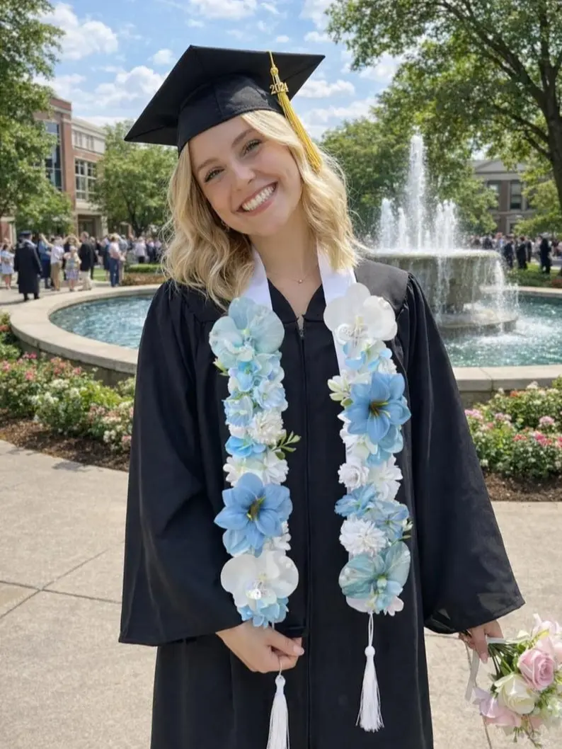 Handmade Pastel Floral Graduation Stole, Ribbon & Fabric Flower Lei, Personalized Grad Ribbon Sash, Class of 2026 Photo Prop Gift