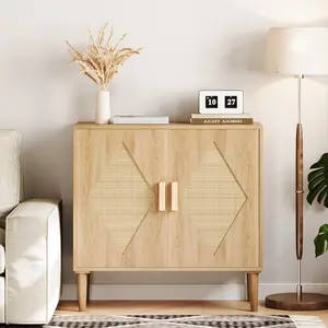 【GARVEE】Buffet Cabinet with Storage, Storage Cabinet with 2 Rattan Decorated, Sideboard Cabinets, Accent Cabinets for Living Room, Dining Room, Entryway, Natural