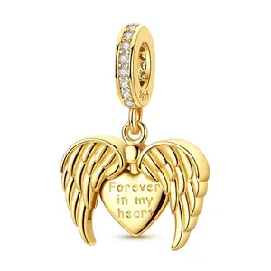MULA 14K Gold-Plated Angel Wings Heart Pendant for Pandora Bracelet – 925 Silver-plated Openable Bead, Engraved with "Forever in My Heart," a commemorative jewelry piece for your guardian angel.