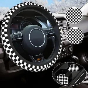 Checkered Steering Wheel Cover Universal 14.5-15 Inch Non-Slip Black and White  Accessories for Women Men