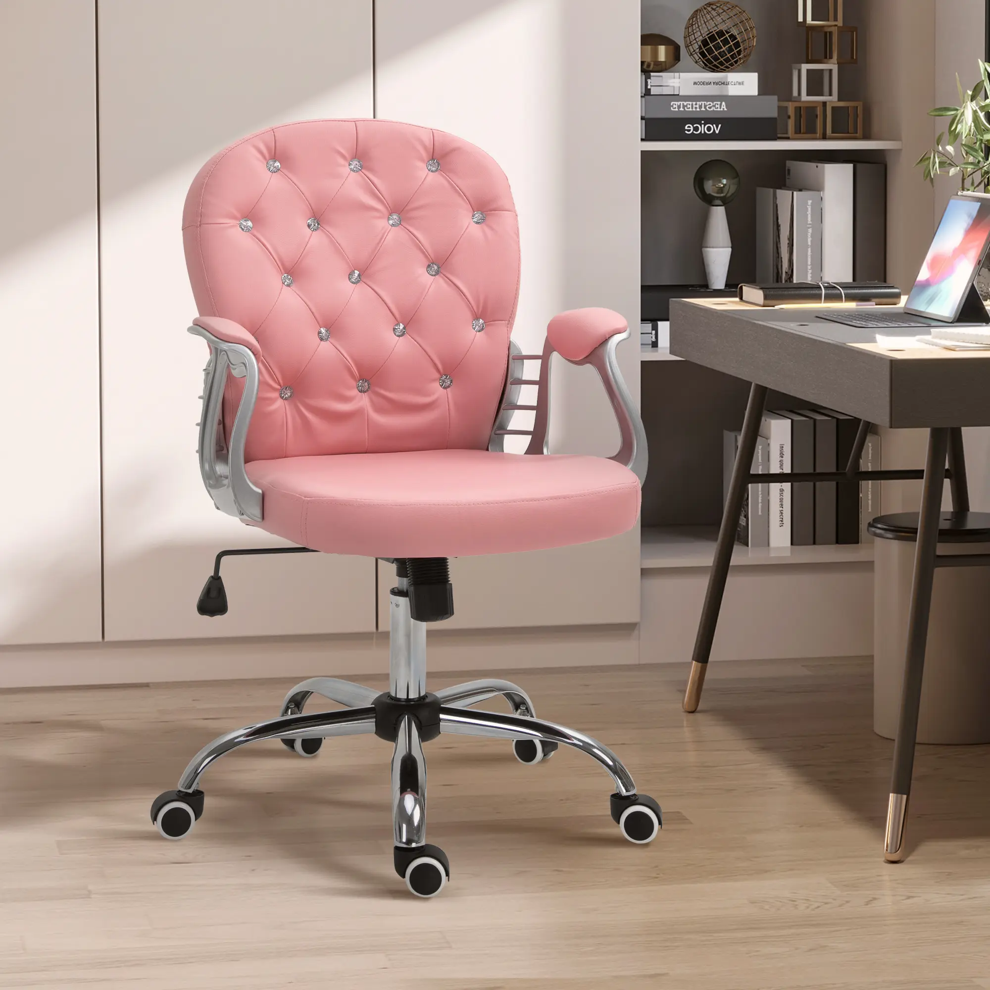 Vinsetto Vanity  Mid Back Office Chair Swivel Tufted Backrest Task Chair with Padded Armrests, Adjustable Height, Rolling Wheels