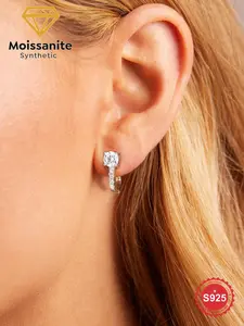 Synthetic Moissanite Classic U-shaped Earrings, S925 Sterling Silver Hoop Earrings for Dating Wedding Anniversary Gift, Fine Jewelry Gifts
