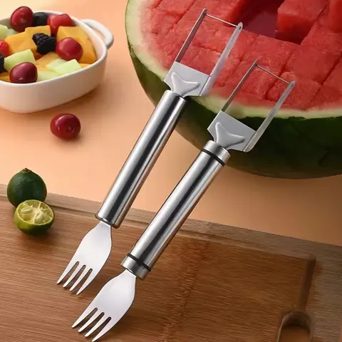 2Pcs Metal 2-in-1 Watermelon Cutter Fork - Portable, Compact, Durable Fruit Tool Kitchen Utensil for Family Gatherings, Picnics