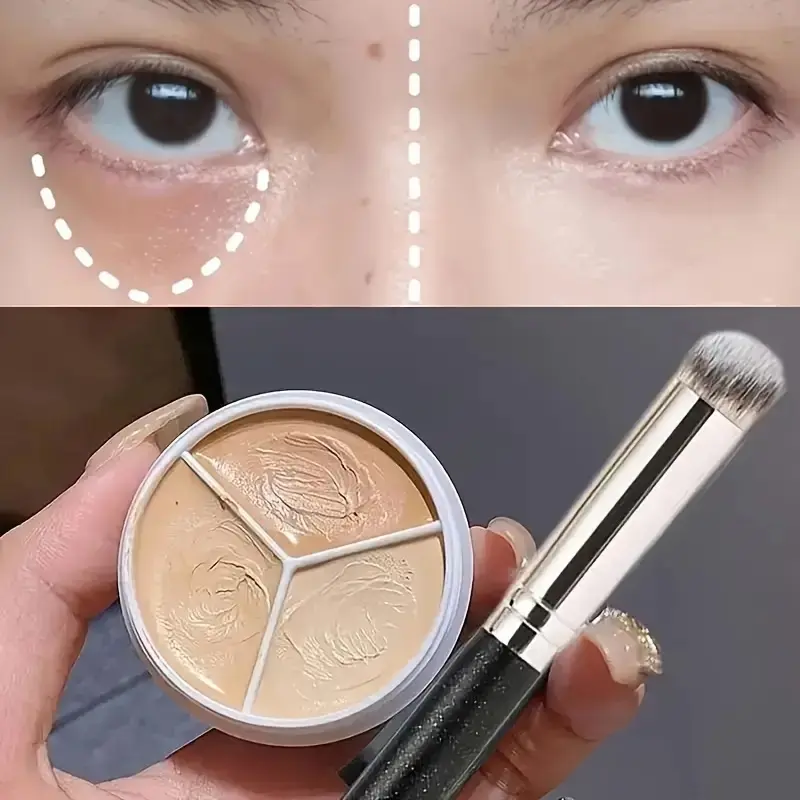 Trio Concealer - Full coverage, concealer for all skin types, three-toned concealer with brush to cover blemishes, dark circles and contours, Concealer Makeup, Concealer Foundation Makeup