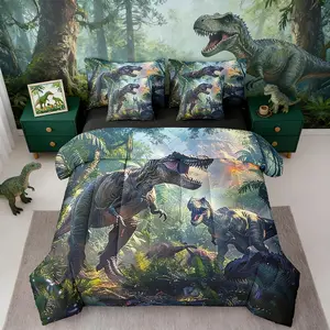 Feelyou 7-Piece 3D Realistic Dinosaur Queen Comforter Bed Set, Tropical Jungle Wild Animals Bedding Set with Dino Sheets, Queen Comforter Set