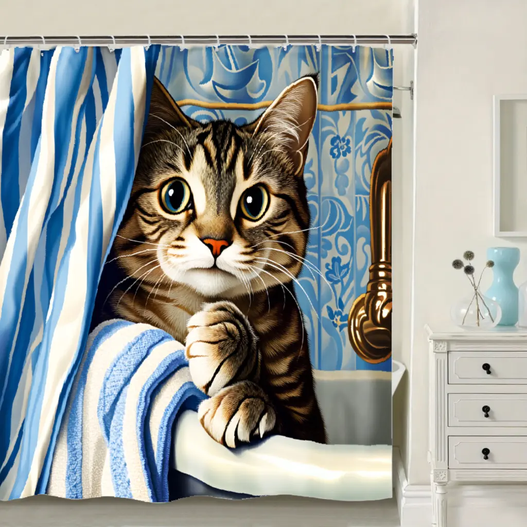 [Back to School]  Adorable Cat-Themed Shower Curtain Featuring a Humorous Animal Design, Perfect for Bathroom Decor Polyester Fabric And Includes Hooks