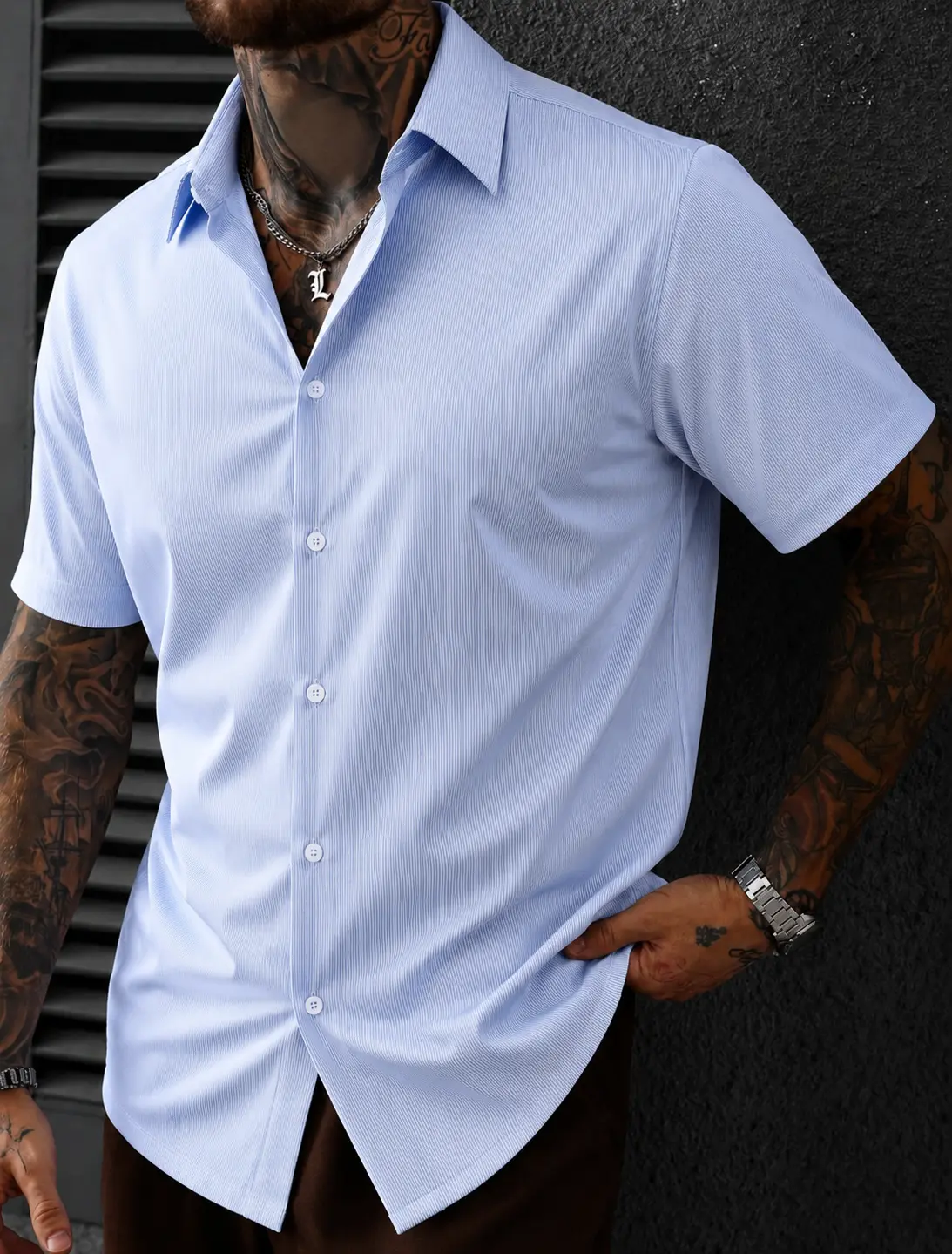 Men's Casual Vertical Striped Shirt, Short Sleeve Buttondown Top with Turn-Down Collar, Soft Breathable Woven Fabric for Business