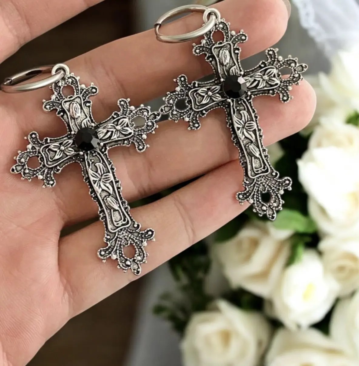 Vintage Gothic Hoop Earrings with Unique Cross Design and Red Crystal for Bold Intricate Craftsmanship