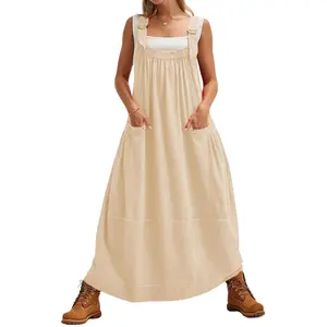 UANEO Women's Barrel Midi Dress Loose Adjutable Strap Big Pockets Maxi Dress Overall Jumpsuits