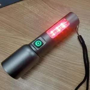 Outdoor COB Side Light Flashlight with 6-Gear Dimming – Red/Blue Strobe Warning Light, Waterproof High-Power for Night Patrol, White/Red/Red-Blue Flash Modes, Laser Pointer