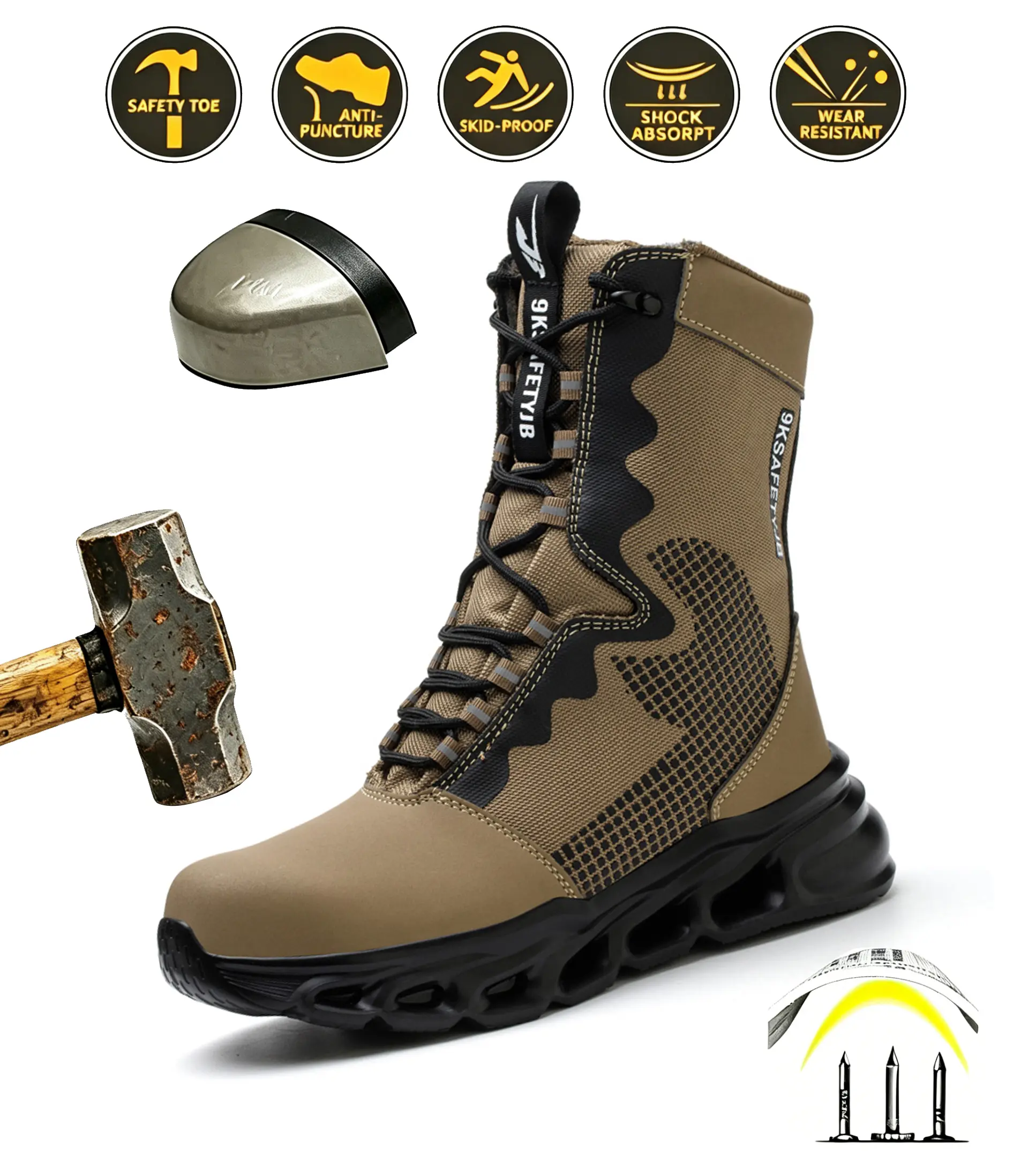 Men's Tactical Research Work Boots - Breathable Abrasion-Resistant Leather, Non-Slip Work & Safety Footwear, Round Closed Toe, Laced Closure, Puncture Resistant, Anti-Injury, Protective Toe & Heel Design, Winter Outdoor Sand Worker Shoes, Anti-Injury Work