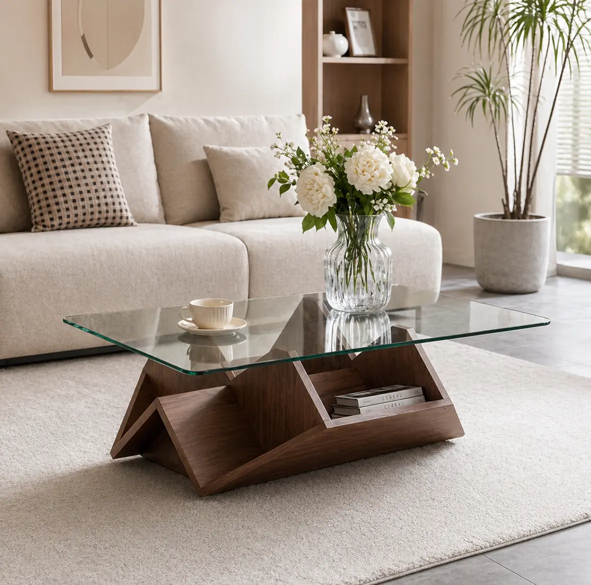 MUUOKY Modern Flat-Top Rectangular Coffee Table - Tempered Glass & MDF Construction, Walnut Finish, Spacious Storage, Modern Accent Table for Living Room & Office, Rectangular Coffee Tables