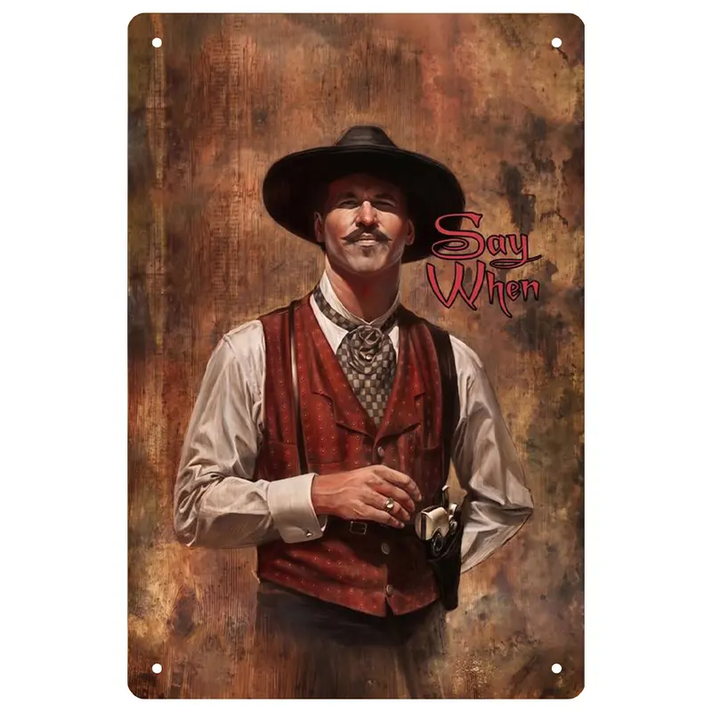 Vintage Western Lightweight Aluminium Home Sign (8x12 in-12x16 in) - Old West Gunfighter Rustic Wall Plaque with Mount, Screws, Man Cave Shelf Display, Cowboy Fan Gift, Western Decor