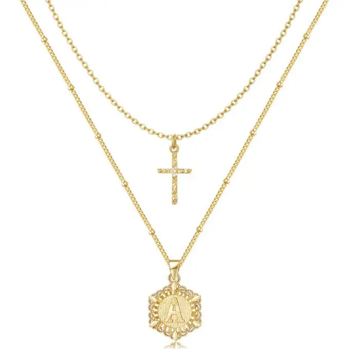 Kiss Yan Gold Layered Initial Cross Necklace, 14K Gold Plated Layering Diamond-Shaped Letter Pendant Figaro Chain Cross Choker from A-Z Capital Jewelry for Women Girls