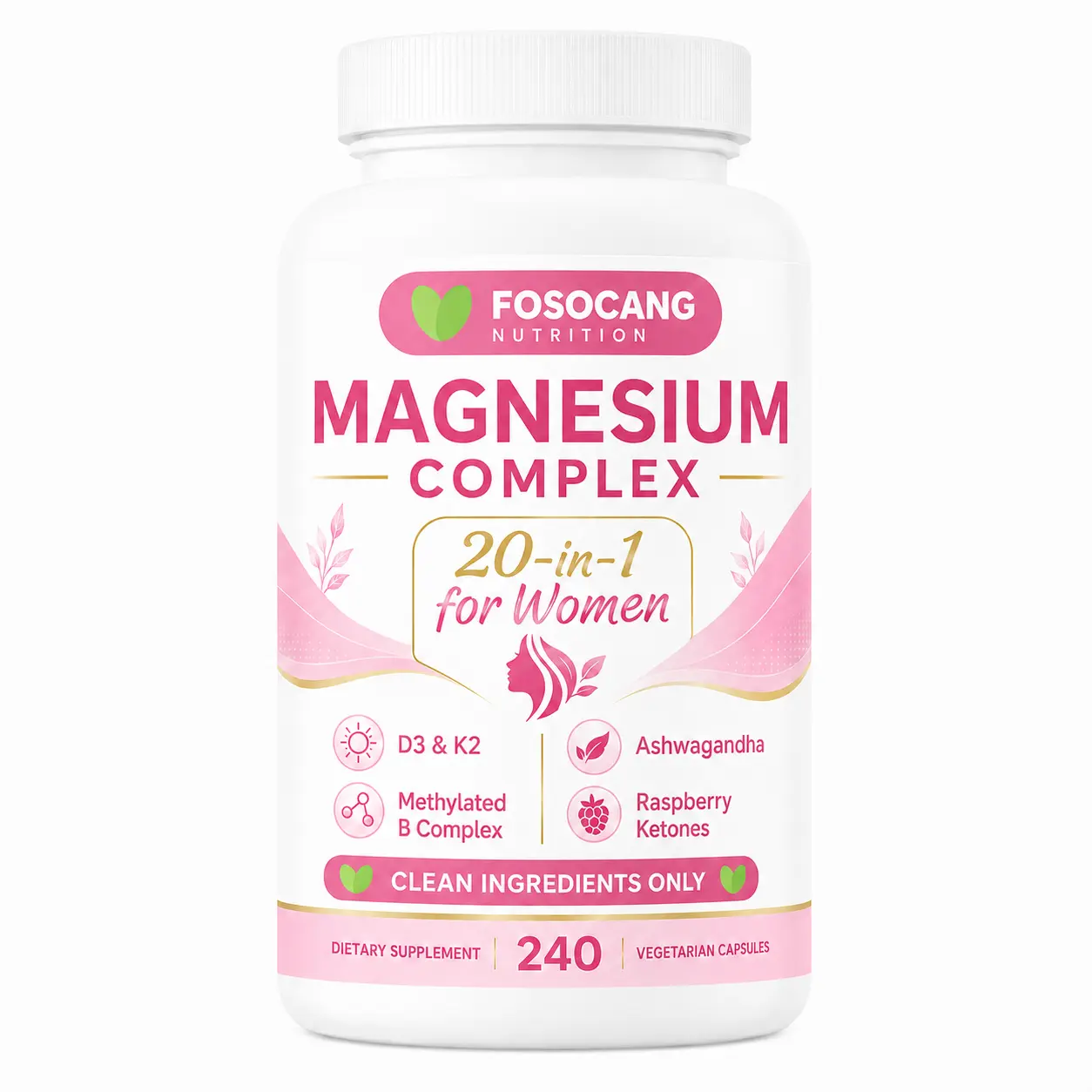 FoSoCang Magnesium Complex for Women, 240 Vegetarian Capsules | 20-in-1 Formula - Magnesium Blend with Vitamin D3, K2, Ashwagandha & More | Filler Free, Non-GMO / Healthcare,Dietary,Supplement,Edible,Bathroom,Optimum,Fitness