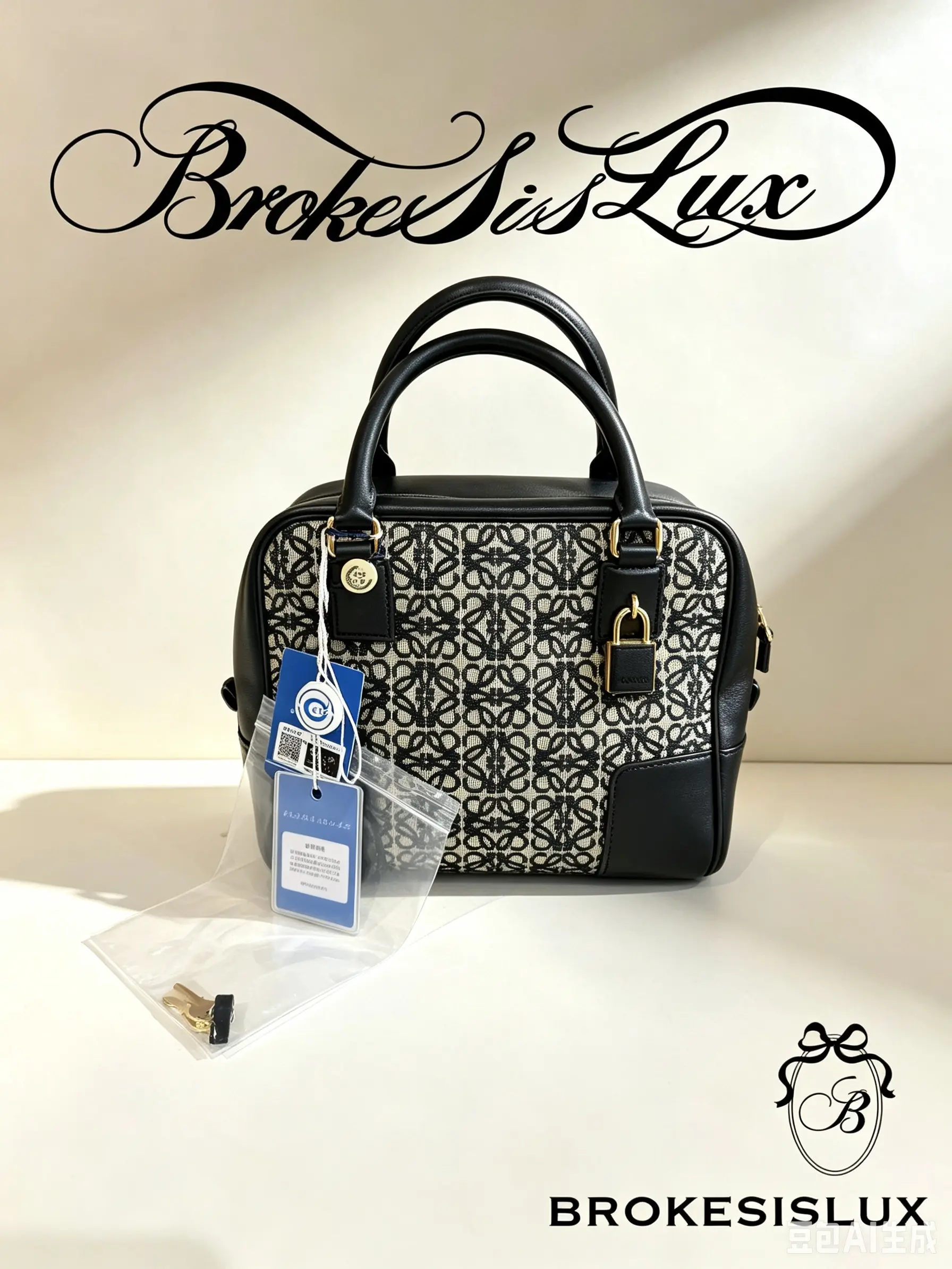 Pre-owned Loewe Mini Boston Handbag, Black & Ivory Anagram Jacquard Canvas, Smooth Black Calfskin Trim & Dual Top Handles, Gold Mini Padlock Hardware, Detachable Crossbody Strap Included