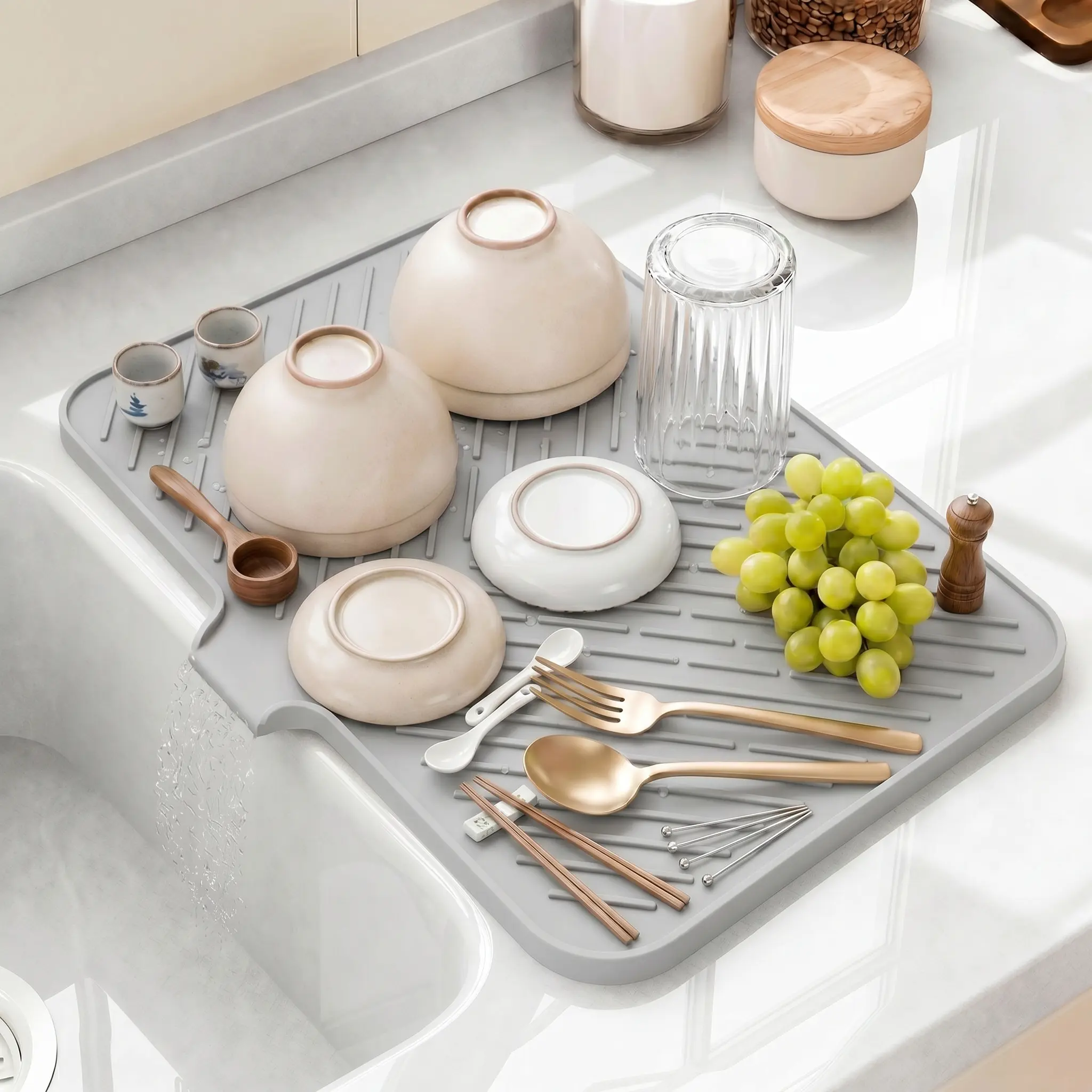Premium Silicone Dish Drying Mat for Kitchen Countertop, Fast Draining Non-Slip Heat Resistant Drain Pad, Quick Dry for Dishes, Glassware & Washed Fruits, Rollable Easy Storage, Works as Pot Trivet, Coffee Machine Mat & Under Sink Liner