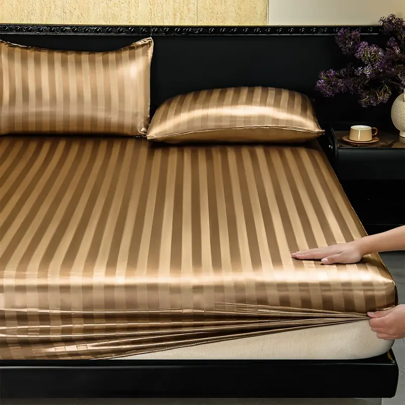 2/3pcs Luxury Satin Hotel Style Bedding Set, Luxurious Beddings, Striped Silky Fitted Sheet with Pillowcases, Soft Cooling and Breathable Bed Sheets, Dustproof and Stain-Resistant Mattress Cover, Machine Washable, for Bedroom, Dorm and Hotel