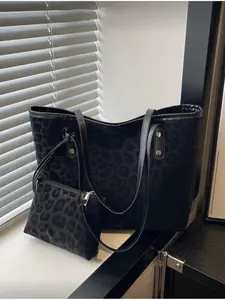 2 Pack New Large Capacity Leopard Print Faux Leather Tote Bag Double Handle Design Suitable for Commuting Work School Lightweight Spacious Tote Bag for Young Women College Students Office Workers Fash