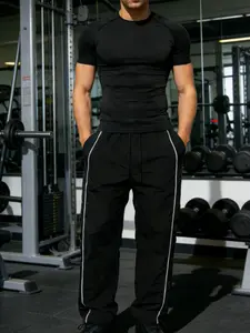 Men's Sportswear Set, Athletic Activewear Tracksuits, Pure Color Breathable Quick-Dry Tight Short Sleeve + Side Pocket Running Pants, Adjustable Waist Drawstring