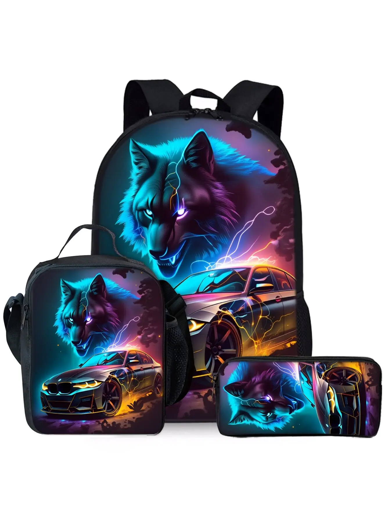 This three-piece Pattern Backpack Set Geek Bag features a wolf and racing punk style print and includes a lunch bag and a pencil case.