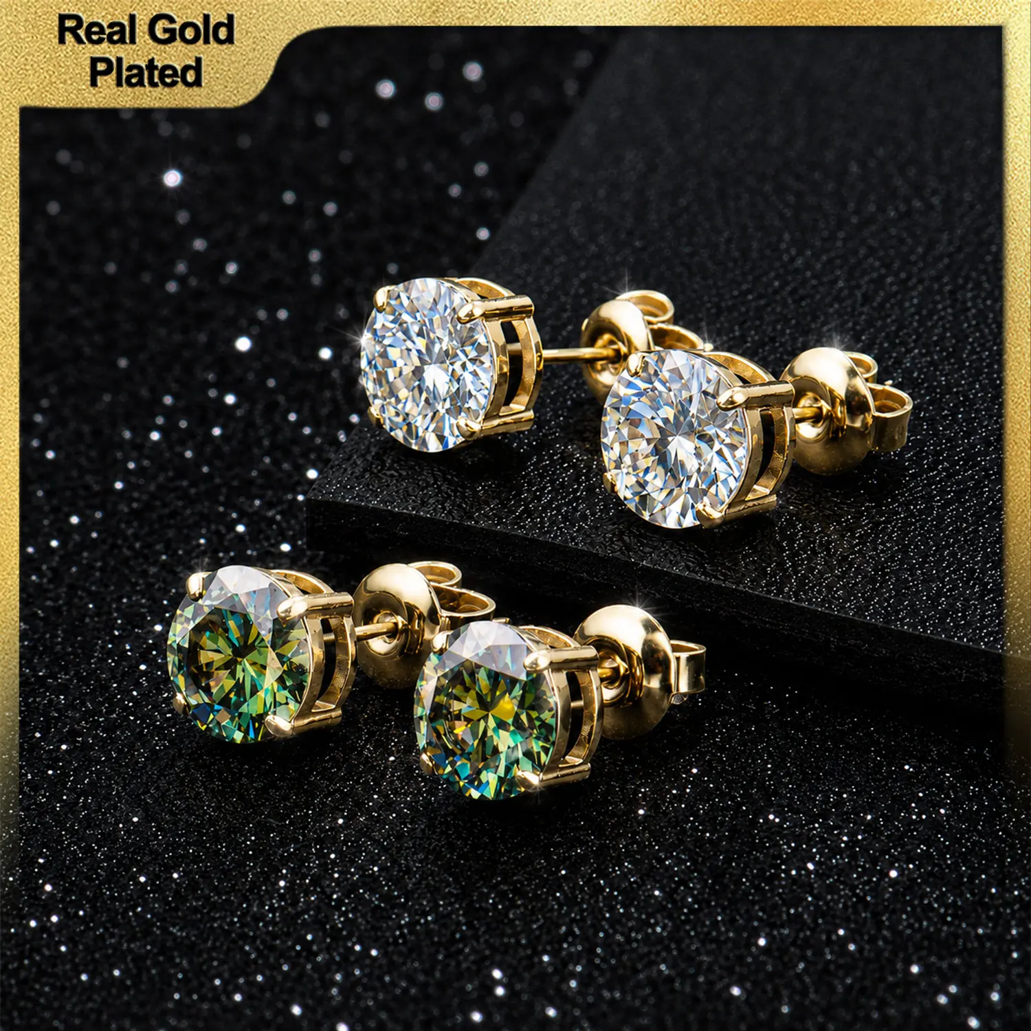 Holylegend 14K Real Gold-Plated Green & Clear Moissanite Stud Earrings for Men & Women, 14K Gold Plated Round Cut 4-Prong Earrings, 5mm 6.5mm 8mm, Push Back Gift Jewelry ｜Back to School Deals