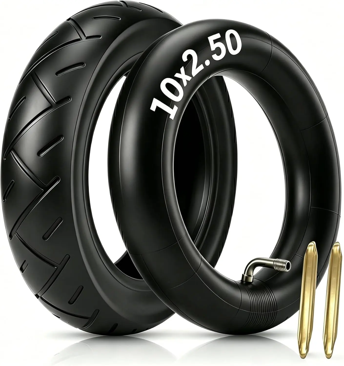 10×2.5 Electric Scooter Tire & Tube Set, Pneumatic Tire and Replacement Tube with 90° Bent Valve and 2 Tire Levers, Fits 6.5" Rims and 36v, 48v, 400w, 500w, 800w Hub Motor