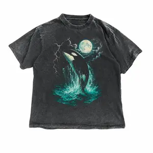 Orca Midnight Vintage Style Graphic Tee, Retro Ocean Orca Shirt, Moonlight Ocean Lightning Tee, 90s Marine Life T-Shirt, Vintage Graphic Tee, Animal Shirt, Unisex Cotton Crewneck T-Shirt Menswear Womenswear Underwear Streetwear Top