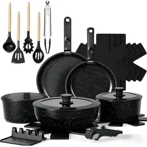 21 count Pots and Pans Set Non Stick, Nonstick Cookware Sets Detachable Handle, Non  Induction RV Kitchen Cooking Set, Dishwasher/Oven Safe, Fridge Safe, Space Saving(Black)