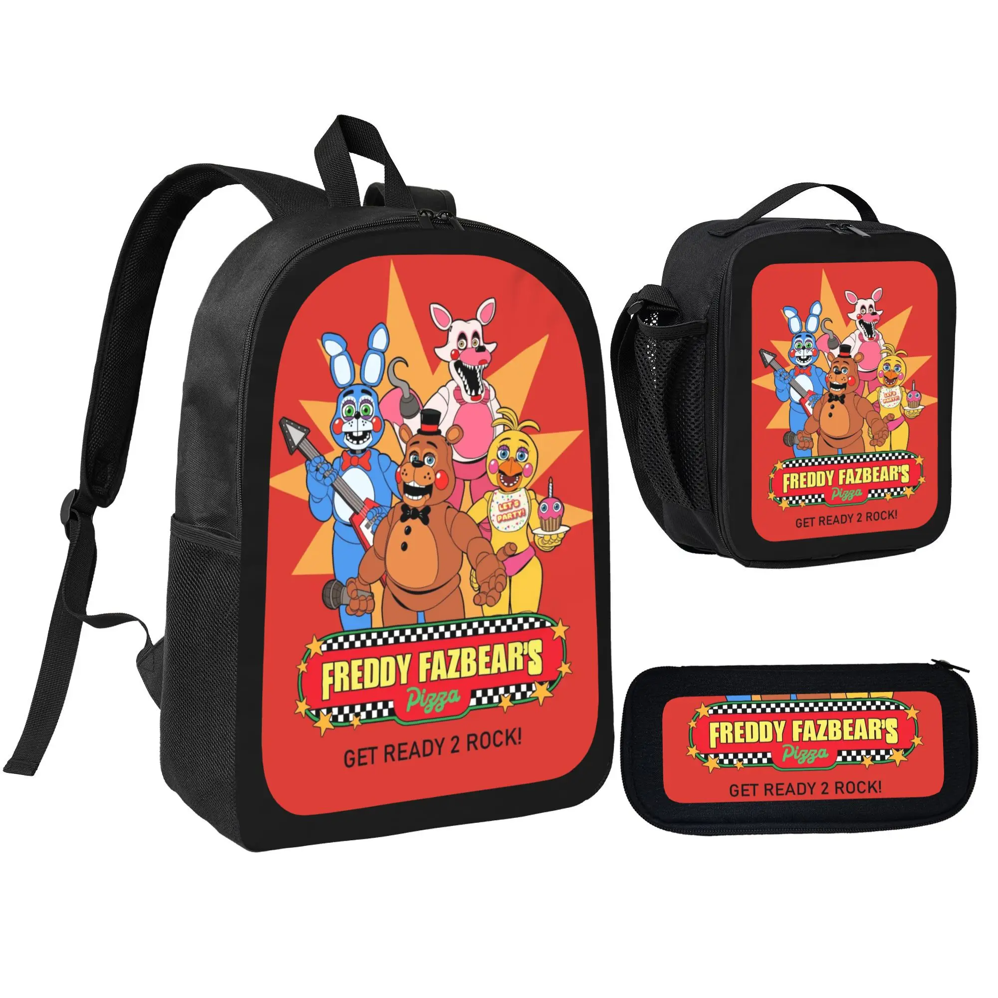Stylish Five Nights at Freddy's Horror Cartoon Themed Daypack Set, 3PCS All-Match Student Backpack Kit with Insulated Lunch Tote and Pencil Pouch, Breathable Premium Fabric School Bag for Boys Girls Teens Youth