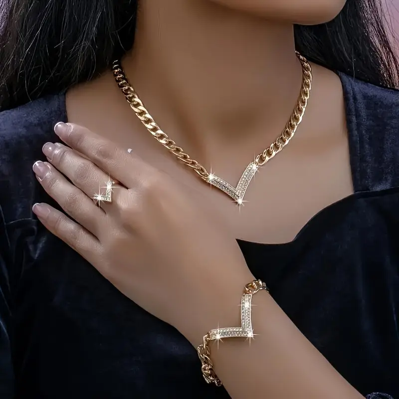 3-Piece Alloy Jewelry Sets for Women, Stylish V-Chain with Sparkling Artificial Crystals, Bling Effect Accessories for Parties & Daily Outfits, Accessories For Women, Bracelet Jewelry Sets, Jewelry For Women, Accessory Goals