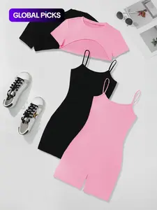 Four-Piece Set Women's Solid Round Neck High Low Crop Tee & Cami Romper, Casual Short Sleeve Super Crop Top & Sleeveless Bodycon Romper, Cute Summer Outfit