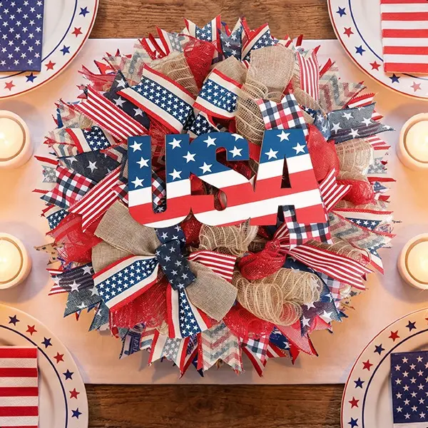 24-Inch Fourth of July Wreath - Classic Striped & Star Design American Flag Wreath, Festive Indoor-Outdoor Patriotic Front Door Decoration (Garlands & Swags Compatible), American Flag Wreaths, Garlands & Swags