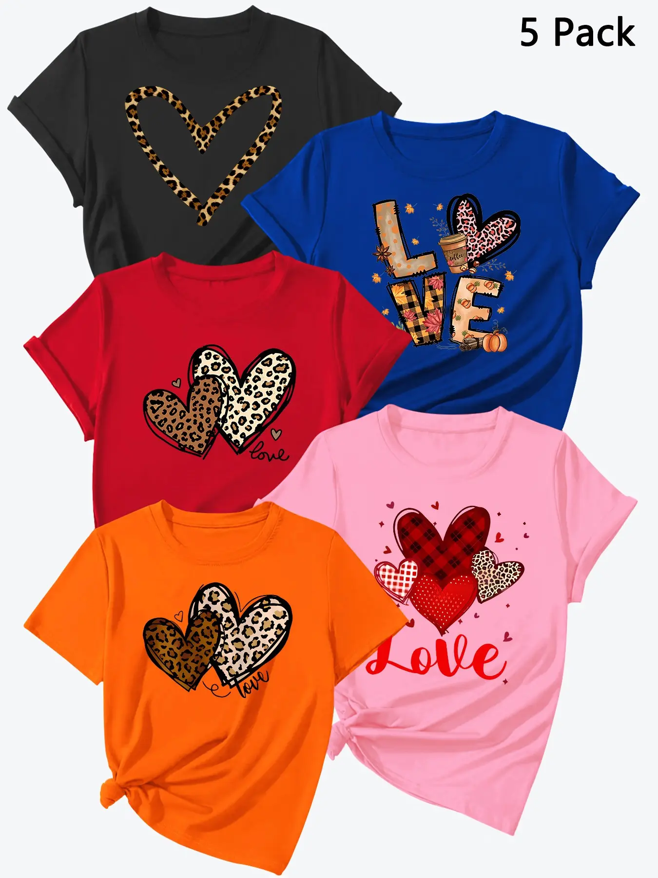 Summer New Heart Print Round Neck Short Sleeve T-Shirts, High-Quality Women's Sporty Tees, 5-Piece Set, Casual Everyday Fashion Top, Multiple Colors Available