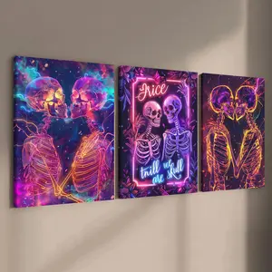 Skeleton Couple Pattern Framed Canvas Painting, 3 Counts/set Modern Wall Art, Decoration Poster, Decorative Artwork, Wall Decor for Home Living Room Bedroom Office, Modern Art Design