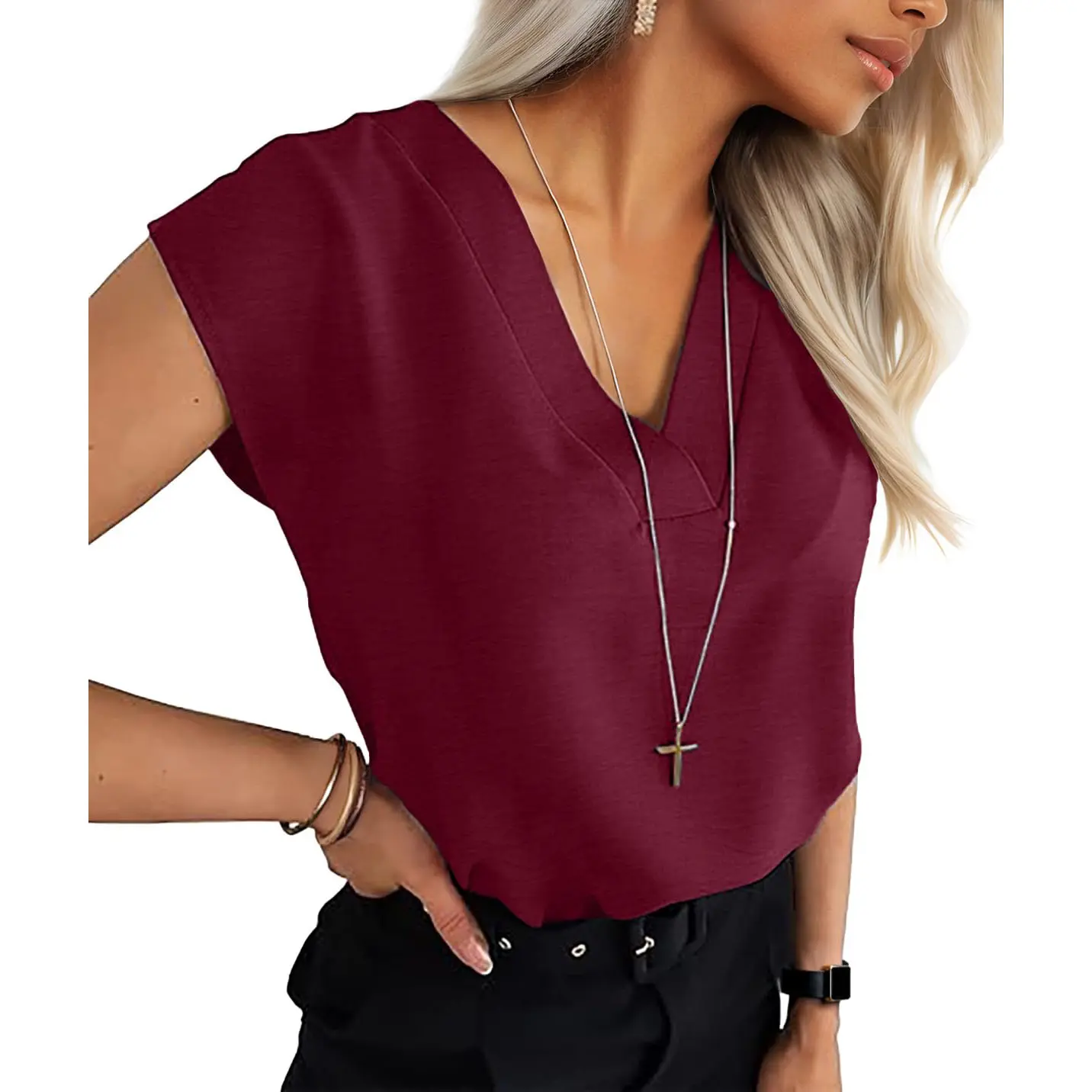 Lepunuo Womens Summer Tops Cap Sleeve Textured Dressy V Neck Shirts 2025 Work Office Blouses Business Casual Outfits