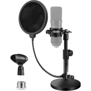 Multifunctional Desktop Microphone Stand, Adjustable Mic Stand Desk with Pop Filter, Shock Mount, Microphone Clip, 5/8" to 3/8" Metal Screw Adapter