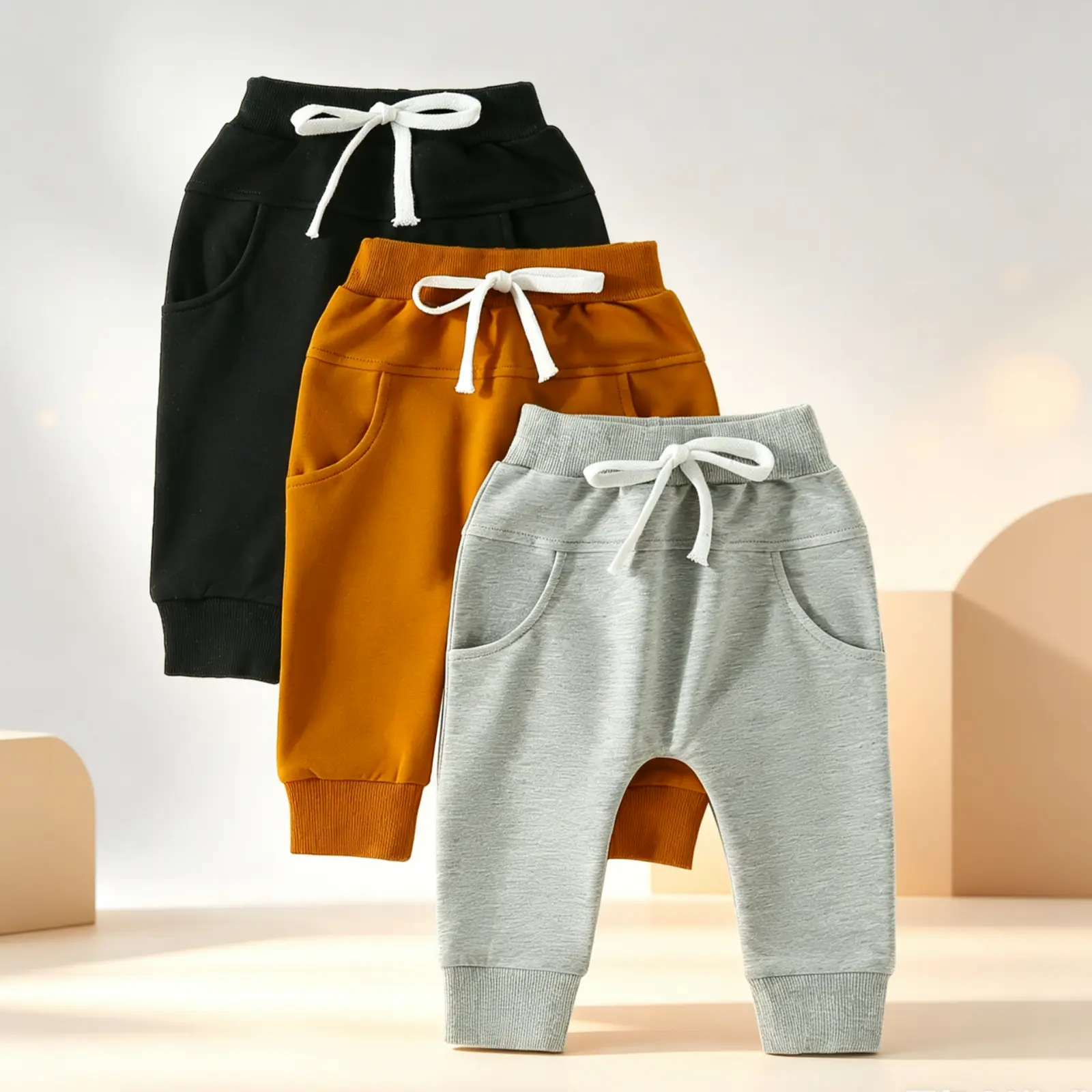 Baby Boys' 3PC Polyester Harem Cut Pants, Infant-Toddler Pocketed Solid Colors Clothes, Casual Active Joggers, Athletic Trousers