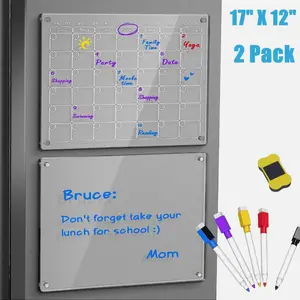 2 Pack 17"x12" Magnetic Fridge Calendar Acrylic Dry Erase Board Monthly & Weekly Planner with 5 Multi-Color Pens for Easy Schedule Recording
