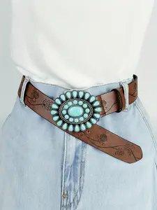 Vintage Turquoise Decor Western Belt, Fashion Belts, Boho Style Floral Pattern Waistband, Pu Leather Trendy Exquisite Belt for Women, Fashionable Clothes Accessories for Daily & Party Decoration, Trendy Belt