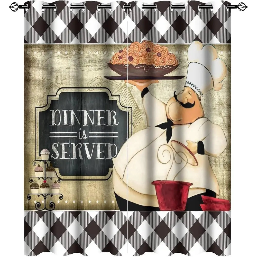 Vintage Medieval Fat Chef Black Check Plaid Grommet Top Kitchen Curtains - 2-Panel Thermal Fabric Home Decoration Curtains with Energy Saving, Light Control, Privacy Features for Kitchen, Bathroom, Mother's Day Gifts