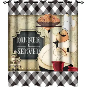 Kitchen Chef Blackout Curtains - Vintage Medieval Fat Chef Black Check Plaid Grommet Window Curtain Set Energy Saving Thermal Insulated Drapes for Living Room Nursery,2 Panels 45L x 21W