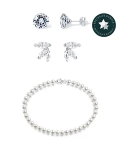 PAVOI Rhodium Plated Bridal Jewelry Set for Women – Dainty Ear Crawlers, 0.2 Ct Round Moissanite Solid Gold Stud Earrings & Simulated Shell Pearl Sterling Silver Choker Necklace – TikTok Bundle