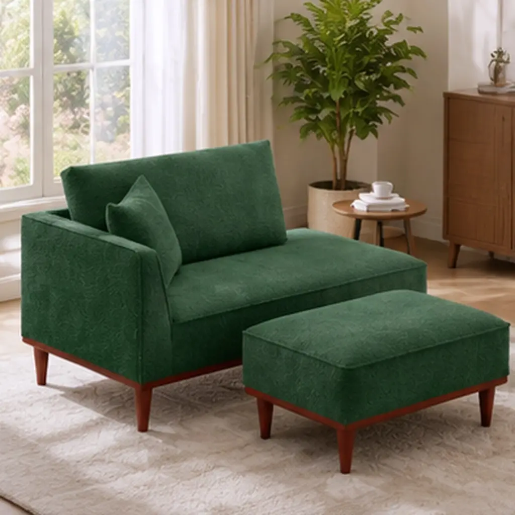 Upholstered Chaise Lounge with Ottoman for Living Room Bedroom, Green Fabric Foam+Spring Single Box, 30.7Wx72.8Dx31.1H in, Comfortable Convertible Seating Sleeper, Easy Assembly, Round Wood Legs, Green Color Options, Foam+Spring Material