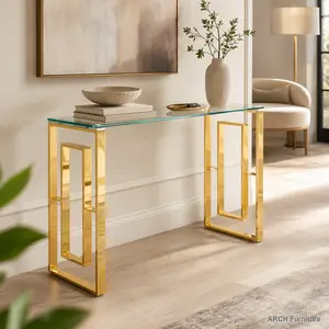 Modern Compact Entryway Sofa Table - Stainless Steel-Reinforced Glass Top, Golden Finish, Quick-Setup Steel Legs, Indoor Side Table for Meals, Model BS-02