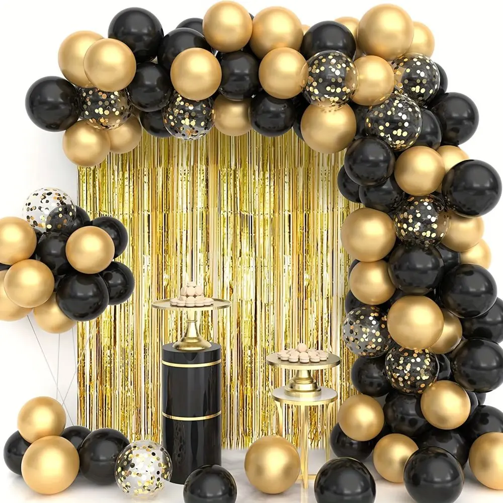 93Pcs Black and Gold Balloon Arch Kit with Different Size Black Gold Balloons Sequin Balloon Golden Background for Christmas Birthday Wedding