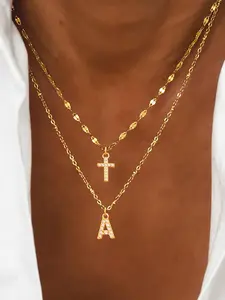 Women's Zircon Letter Cross Design Pendant Necklace Set, Stainless Steel Lip Chain Multi-Layer Necklaces, Casual Style Jewelry