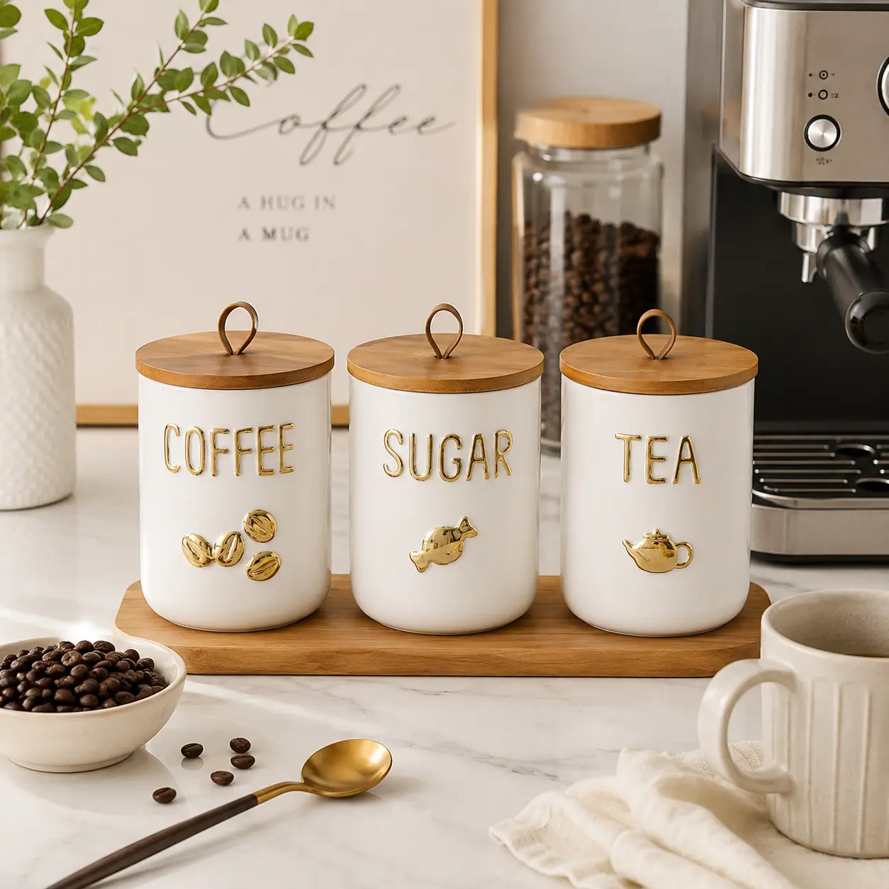 Ceramic Storage Canister with Wooden Lid  Coffee Tea or Sugar