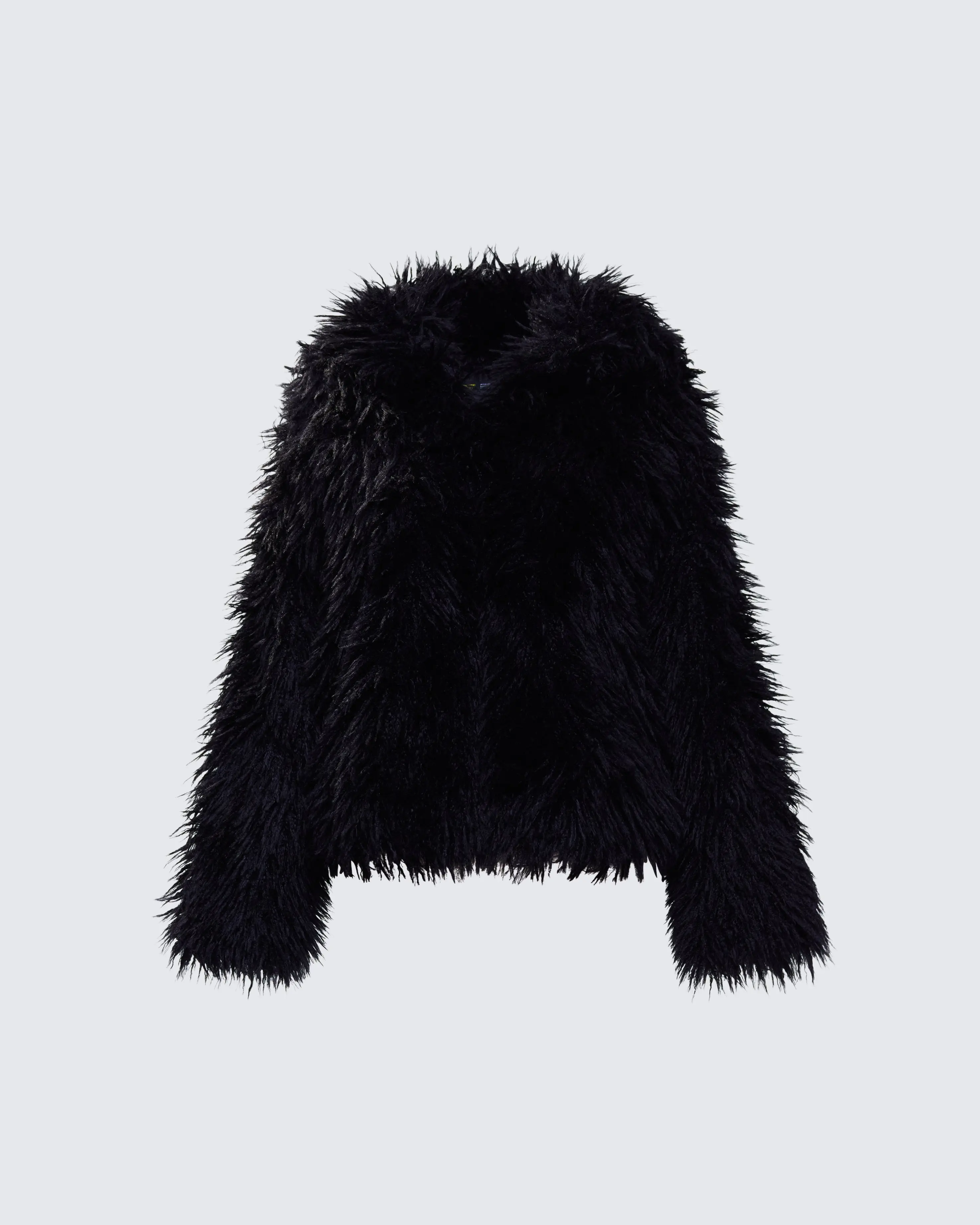 Women's Fae Black Boxy Faux Fur Coat, Long Sleeves Cropped Polyester Jacket, Women's Tops & Coats